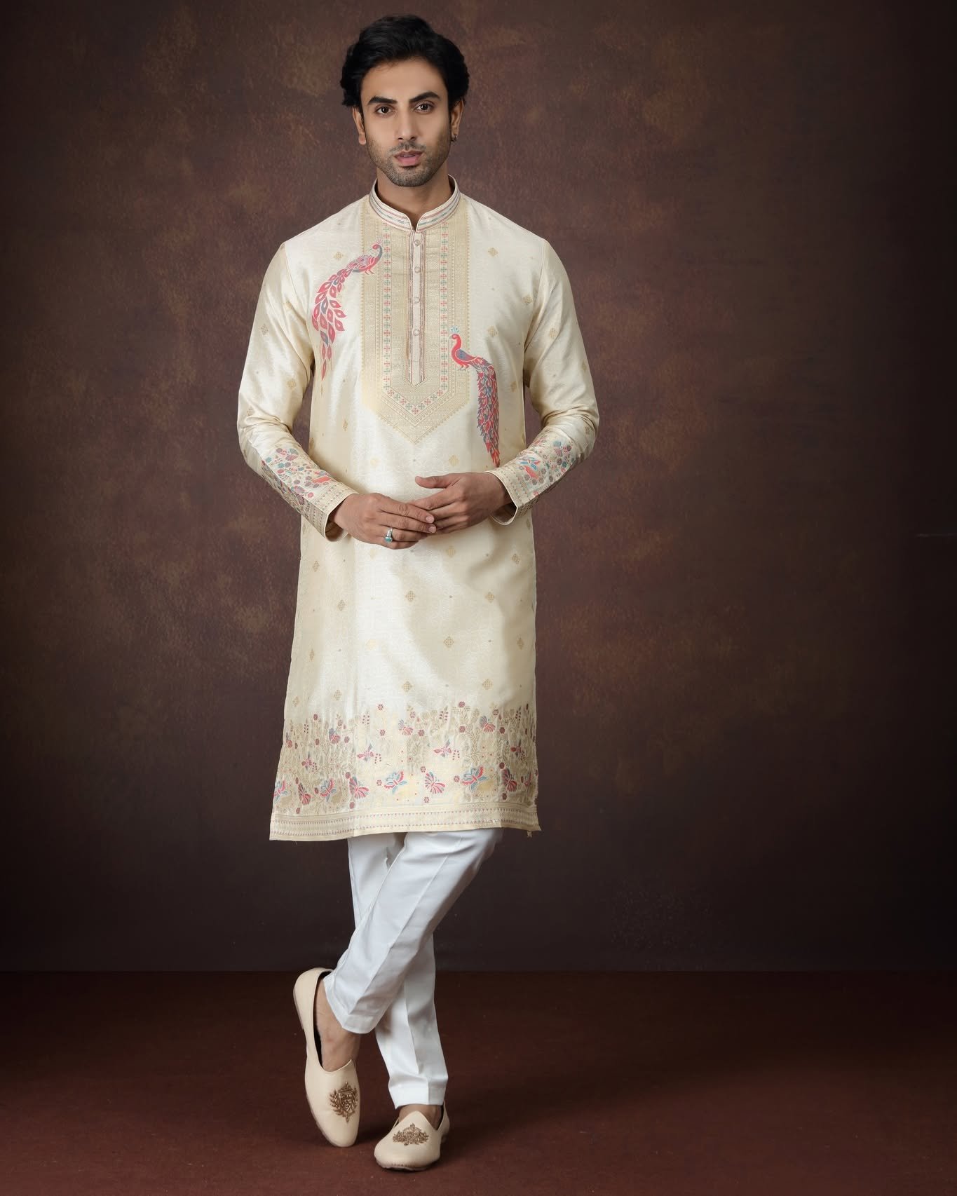 Designer Beige Jacquard Silk Embroidered Kurta Set for Men | D.No. 4768